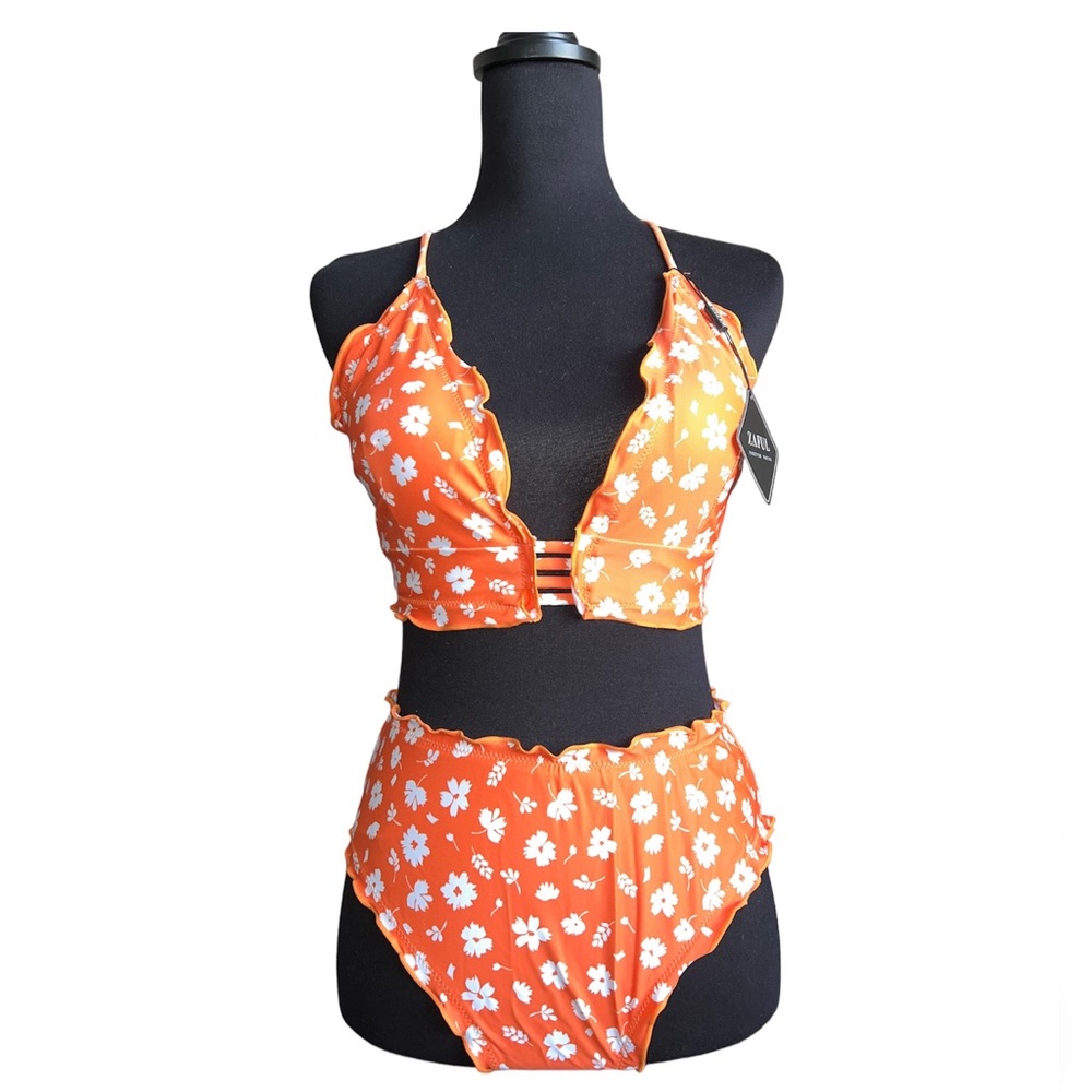 ZAFUL🦎Knots Orange Spaghetti Strap Tie Back Ruffle Triangle Bikini Set🦎